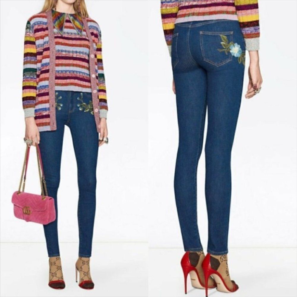 Gucci Floral Bloom Embroidered Stretch Denim Jeans in Blue I-0222a16